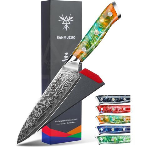 Utility Knife - 13cm Blade in 67 Layers Damascus Steel - Orange Resin Handle - Series (1/5)