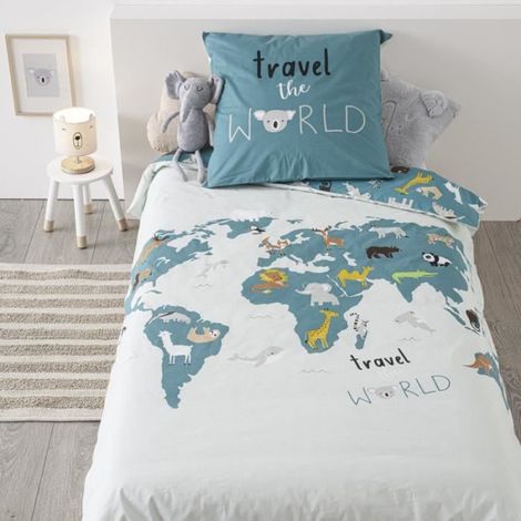 Parure de couette - Carte Monde - 140x200 cm - Réversible - 100% Coton - 57 Fils/cm²