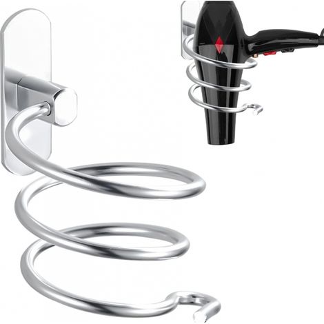 Support de sèchecheveux spirale argenté Aluminium, sans perçage, pour salle de bain et cuisine