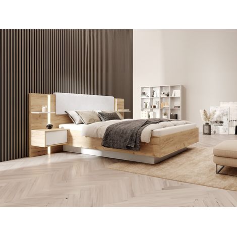 Letto con comodini Con LED 160 x 200 cm Naturale e Bianco + Rete a doghe + Materasso - ELYNIA (1/4)