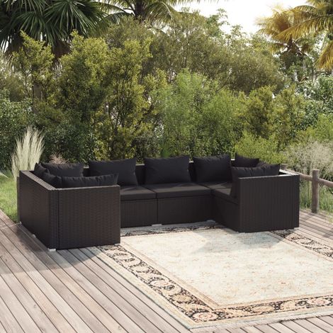 Salon de jardin 6 pcs Ensemble Table et Chaise de Jardin - avec coussins Résine tressée Noir BV512643 - BonneVie (1/5)