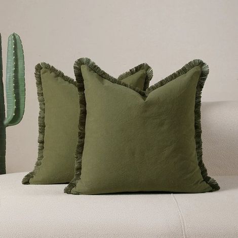 Set di 2 federe decorative in lino con frange，stile boho rustico，arredamento per la casa (6060 cm)，Beige (1/5)