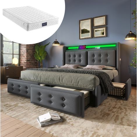 Lit 160x200 avec 4 tiroirs, LED et USB gris HAVRYA (1/5)