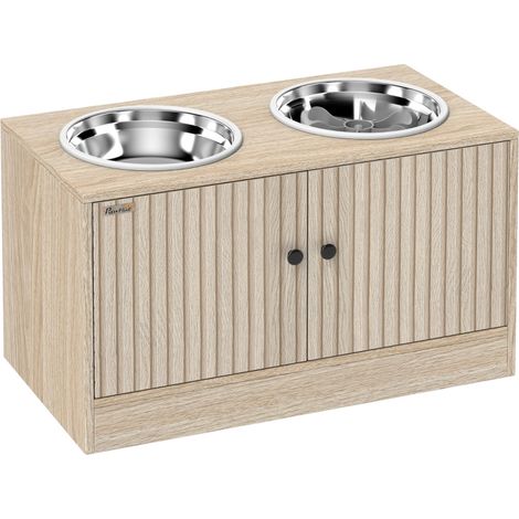 Hundefutterstation mit zwei Edelstahl-Schüsseln, multifunktionale Aufbewahrung für Zubehör, elegantes Holzdesign, geeignet für mittlere und große Rassen