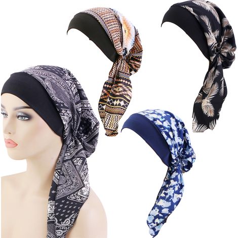 Turban - Bande Large - Pour Femme - En Coton Et Chiffon - Pour Sommeil Ou Couverture Capillaire - Lot De 4 (1/5)