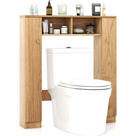 Meuble de rangement naturel au-dessus des toilettes en bois avec 2 compartiments ouverts et 4 étagères réglables pour salle de bains (1/5)