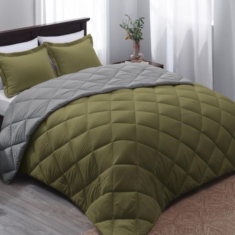 Parure de lit pour Grand lit – Parure de lit réversible Vert Olive pour Toutes Les Saisons, Vert Olive/Gris Anthracite, 1 Couette (223,5 x 233,7 cm) et 2 taies d'oreiller (50,8 x 66 cm (1/5)