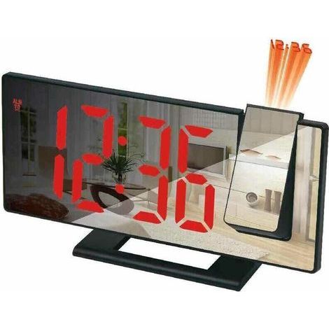 Réveil projecteur, réveil à projection 180°, horloge numérique avec écran miroir LED, port USB, répétition, 4 niveaux de luminosité, 12/24 heures (boîtier noir avec texte rouge), (1/5)