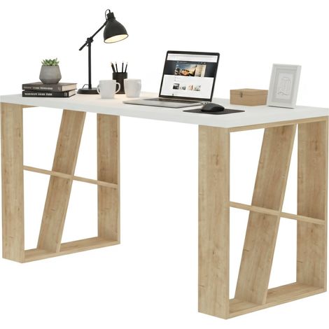 Dmora - Escritorio Dmigliol, Escritorio multiusos, Mesa de oficina para PC, El plan de trabajo, 140x60h75 cm, Blanco y Roble
