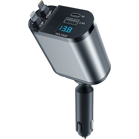 Chargeur de voiture à double câble USB rétractable avec voltmètre et prise en charge de la charge rapide 4 en 1, adaptateur allume-cigare avec port USB A PD, intelligent (1/5)