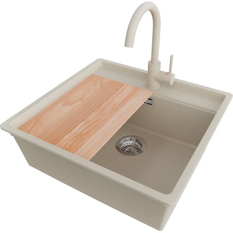 PRIMAGRAN Evier Cuisine en Granit 56x53cm,Lavabo 1 bac + Robinet 32x20cm + Kit de Vidage + Planche à Découper, Évier à Encastrer au meuble 60cm - Bergen, Beige (1/5)