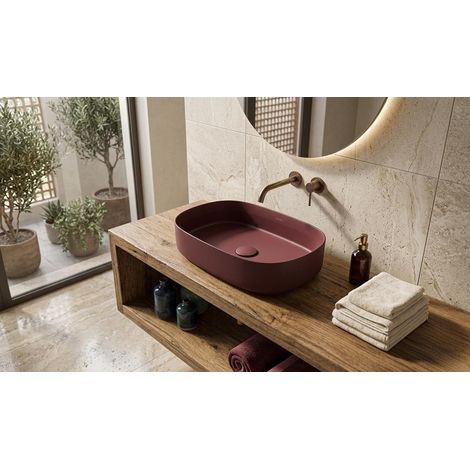 Lavabo ovale da appoggio senza troppo pieno in ceramica senza foro rubinetto - Bordeaux Opaco