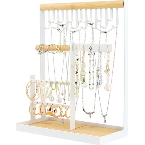 4-stöckiger Schmuckständer, Halter für Halsketten und Ringe, Schmuckbaum mit Holzsockel, Halter für Ohrringe und Ketten, Schmuckorganizer für Damen (1/5)