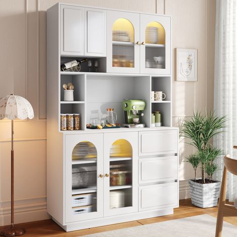 Hoher Sideboard Schrank, Küchen Staurschrank mit Bogen-Acryltüren, Bar-Schrank mit offenen Fächern, Schrank mit APP-gesteuerter farbverstellbarer LED-Beleuchtung,Wohnzimmer Vorratschrank (1/5)