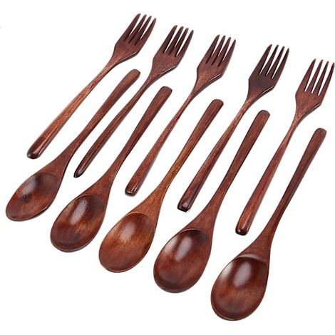 Ensemble de 10 cuillères et fourchettes en bois, ustensiles de cuisine réutilisables en bois naturel. (1/5)