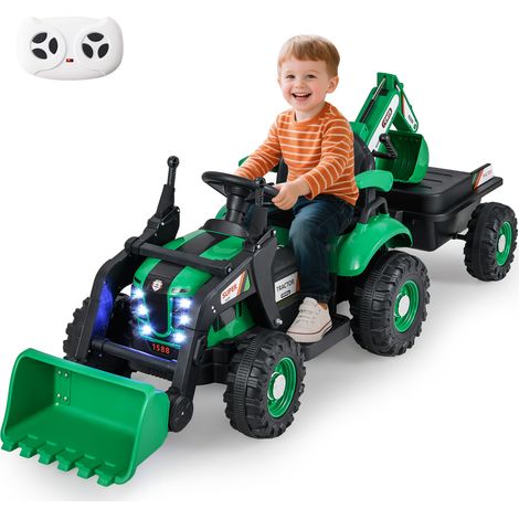 Voiture Électrique Enfants 12 V, Tracteur, Pelleteuse et Bulldoz avec Remorque, Pelle, Seau, Télécommande, Lumières LED, Musique, Siège Réglable, Vert (1/5)