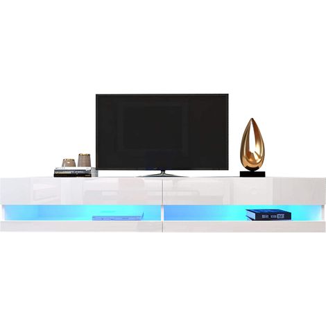Mueble TV Suspendido con 2 Puertas y LED, Frentes Brillo, Estilo Moderno, Salón, 140×40×30,5 cm, en MDF, Blanco (1/5)
