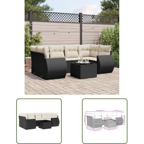 The Living Store 7-tlg. Garten-Sofagarnitur mit Kissen Schwarz Poly Rattan - Gartenmöbel Set - Outdoor Möbel - Rattan Gartenmöbel - Lounge Set - Esstisch Set