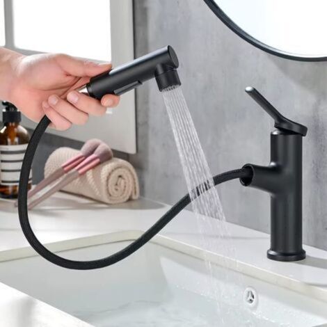 Robinet de salle de bain noir avec douchette extractible, robinet de salle de bain haute pression avec 3 modes, robinets de lavabo pour salle de bain, mitigeur chaud et froid (1/5)