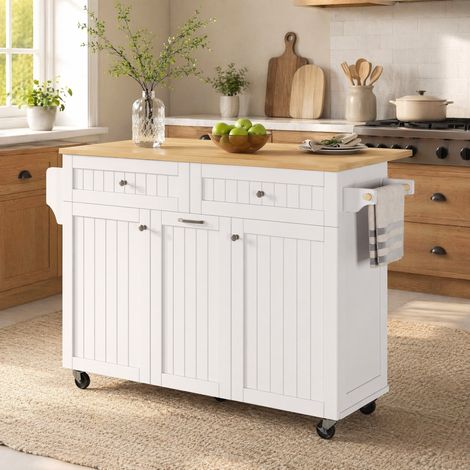 Isla de cocina con ruedas extensible, MDF blanco y natural, 140 x 70 x 92 cm HAVRYA (1/5)