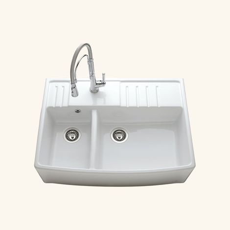 Cuisissimo – Évier timbre d'office céramique blanc 89.8x66 cm – 2 bacs – Vidage manuel – Pour meuble sous évier 90 cm
