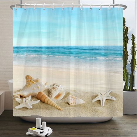 Rideau de douche 3D motif plage, rideau de salle de bain mer Méditerranée, tissu imperméable, 240 x 180 cm