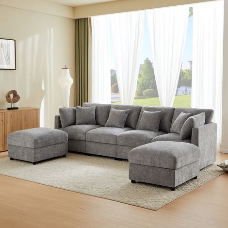 Canapé d'angle modulaire gris U/L avec accoudoirs réglables, 2 tabourets, 4 coussins déco, 2 appuis-tête, chenille (1/5)