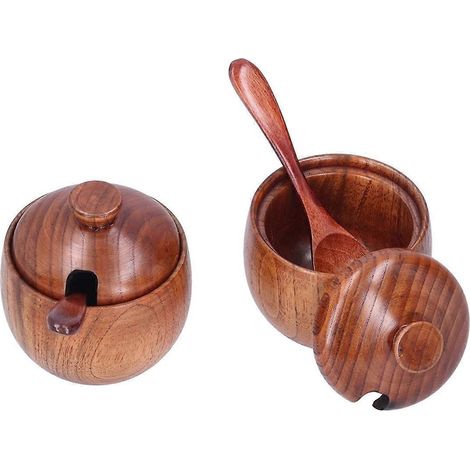 Lot de 2 bols à sel en bois, récipients à sel et pots à épices, sel brun foncé. (1/5)