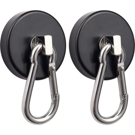 Due ganci magnetici neri con moschettoni girevoli, con una resistenza alla trazione massima di 75 kg, per la sospensione. (1/5)