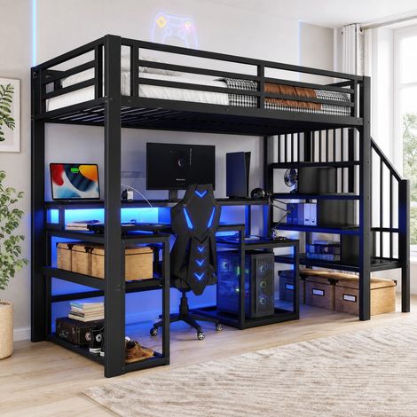 Cama alta 90x200 cm de metal negro con escritorio y almacenaje, para estudio, sin colchón – MEUBLIV (1/5)