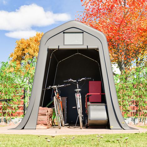 Abri de jardin 366x213x225 cm avec toit à deux pentes, bâche PE imperméable avec fenêtre d’aération, résistant UV et vent, piquets en L inclus pour motos et outils