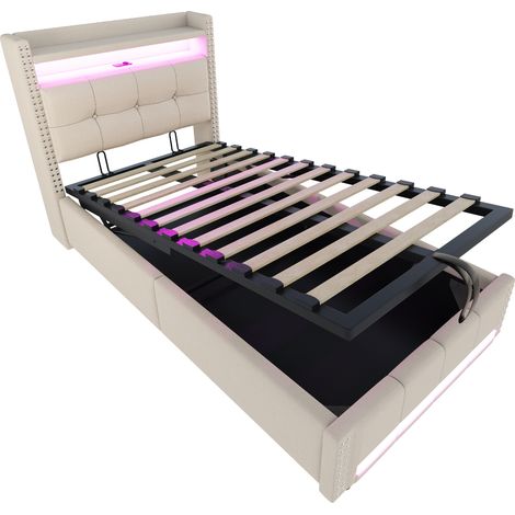 Cama infantil tapizada 90 x 200 cm en lino beige con LED, USB y almacenaje hidráulico (1/5)