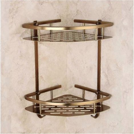 Étagère d'angle murale de rangement pour douche 2025, panier double couche en aluminium bronze avec support pour sèche-cheveux (1/5)