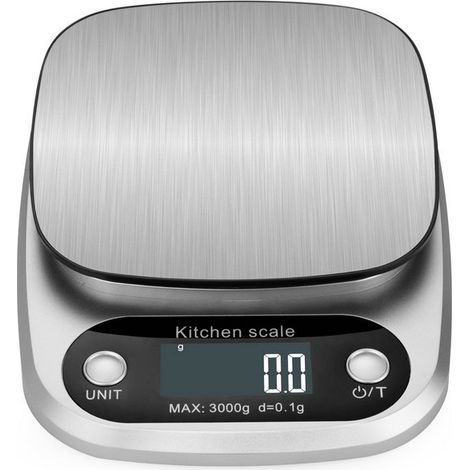 Balance de cuisine numérique - De 1 g à 10 kg - En acier inoxydable - Haute précision - Avec écran LCD et batterie incluse （argent）