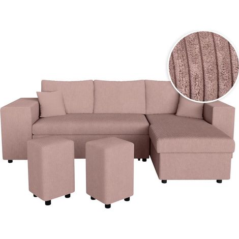 Canapé d'angle réversible MADY avec coffre, rangement poufs à gauche en velours côtelé rose (1/5)