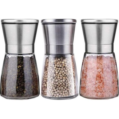 Set of 3 salt and pepper mills, manual grinding bottle with adjustable ceramic wheel, spice mill, 180 ml (1/5)