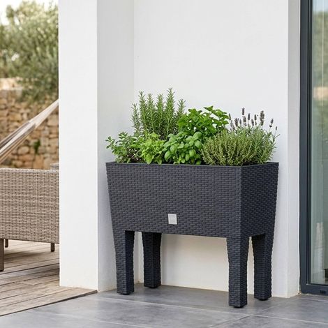 Jardinière Haute avec Pieds pour extérieur/intérieur, Plastique Effet rotin tressé pour terrasse, Jardin ou Salon, résistant aux UV, 65 x 80 x 33 cm, Couleur Anthracite