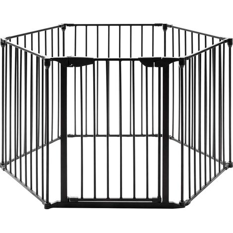 GOPLUS Barriere de Securite Enfant Bebe Animal, Grill de Protection de Cheminee en Fer, Cloture de Securite Escaliers, 5 Barreaux avec 1 Porte, 380X75CM (Noir) (1/5)