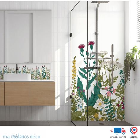 Panneau de douche : Fleurs sauvages et colorées 2 - Couleur Vert mai - Alu composite - 90 - 245 (1/3)