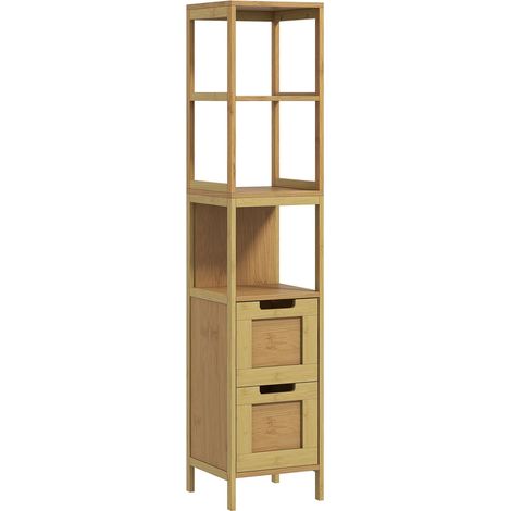 Meuble Colonne Rangement Salle de Bain Style Cosy dim. 30L x 30l x 144H cm 3 étagères 2 tiroirs Bambou (1/5)