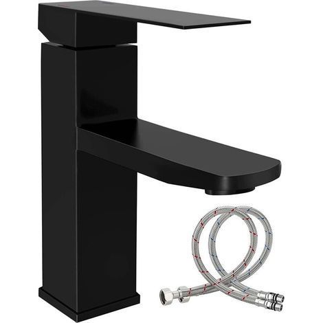 Évier de salle de bain, acier inoxydable, cartouche en céramique, monochand, raccords inclus, noir (1/5)
