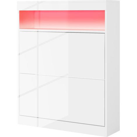 Meuble à chaussures avec éclairage LED, 2 tiroirs abattants, capacité 12-16 paires, 80x24x99,5 cm, blanc brillant (1/5)