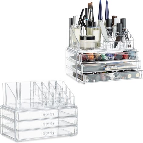 2x Portatrucchi, Organizer Combinabili, Portaoggetti per Cosmetici con Cassetti, Multiuso, Trasparente
