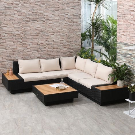 Ensemble de mobilier de jardin de luxe Outsunny en polyrotin 4 pièces, comprenant des étagères, une table d'appoint et des coussins de siège, noir. (1/4)