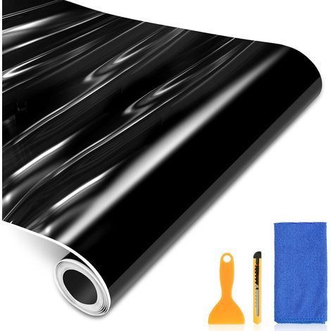 Film Covering Voiture Noir Brillant, Protection Peinture Anti-Rayure, Vinyle Autocollant Haute Brillance, avec Raclette, Cutter et Chiffon Microfibre, 30x152cm (1/5)