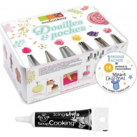 Coffret 6 douilles pâtissières inox & poches jetables + Stylo glaçage noir (1/2)