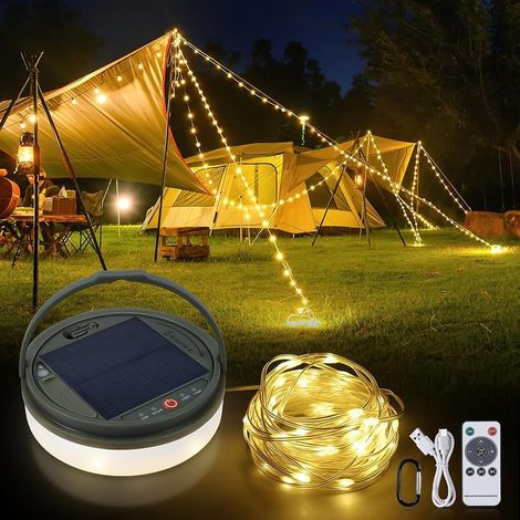 SMY Guirlande Lumineuse Camping Enroulable, 13M 160LED, 3600mAh, Rechargeable par Énergie Solaire et USB, Portable Lampe Guirlande Camping avec Télécommande pour Tente Randonnée Jardin Cour (1/5)