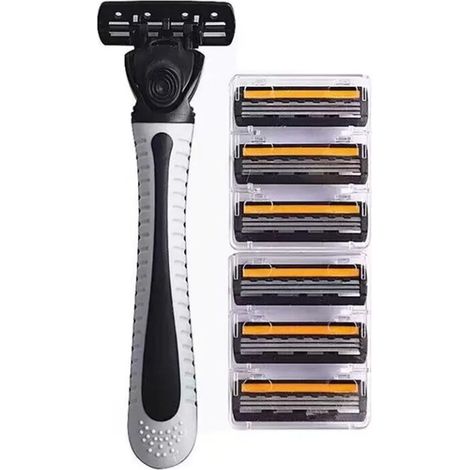 Kit de rechange de rasoir homme – 6 têtes de lame triple couche orange-noir + manche à interrupteur gris – Rasage confortable pour peau sensible (1/5)