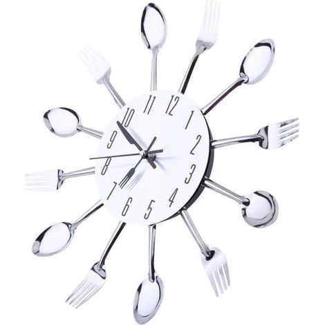 Horloge murale de cuisine, grande surface de miroir 3D argent design moderne couverts ustensiles de cuisine cuillère fourchette (1/4)