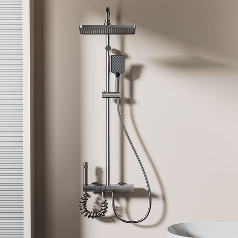 Aiperq – Colonne de douche murale gris avec affichage LCD – 6 fonctions dont douche pluie et pulvérisation – Tête de douche 30/20 cm – Tuyau 150 cm